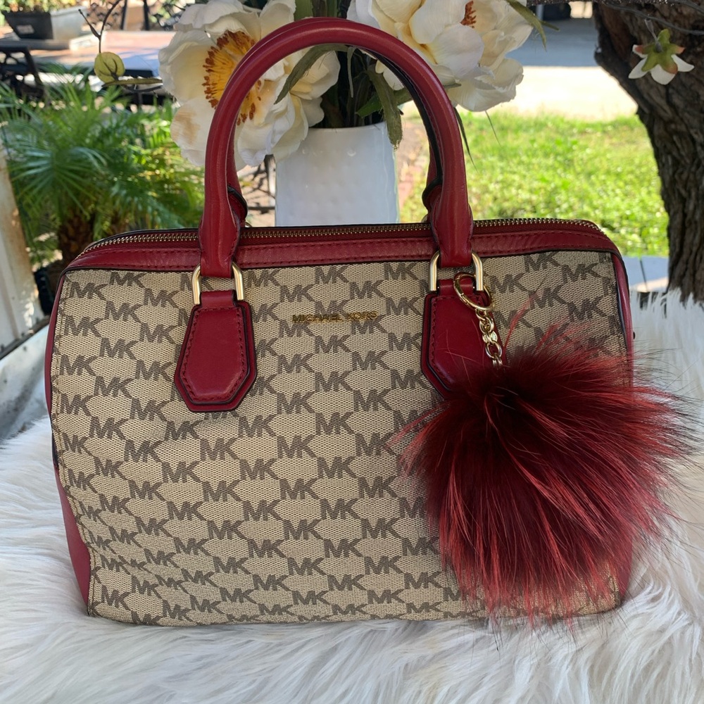 Michael Kors Mercer Medium Duffle Satchel  Cherry Red/Tan Leather